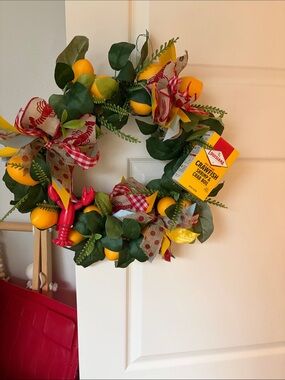Coastal Lemon & Crawfish Holiday Wreath with Greenery - Yellow & Red